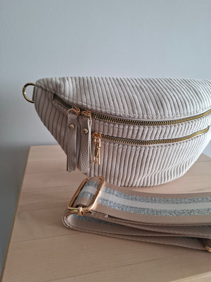 Sac banane velours côtelé 2 poches beige sangle fantaisie