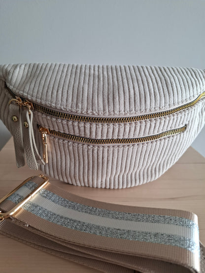 Sac banane velours côtelé 2 poches beige sangle fantaisie