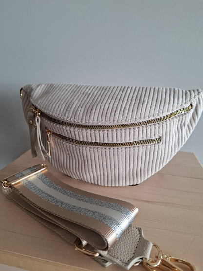 Sac banane velours côtelé 2 poches beige sangle fantaisie