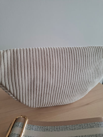 Sac banane velours côtelé 2 poches beige sangle fantaisie