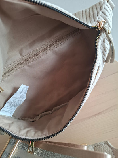 Sac banane velours côtelé 2 poches beige sangle fantaisie