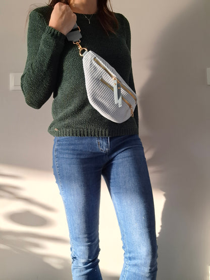 Sac banane velours côtelé 2 poches bleu clair sangle fantaisie