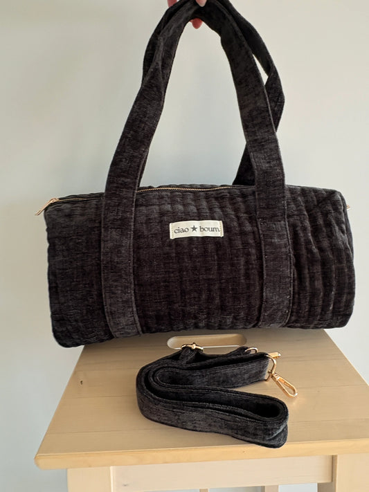 Sac week-end de voyage polochon velours cotelé texturé nuances de noirs