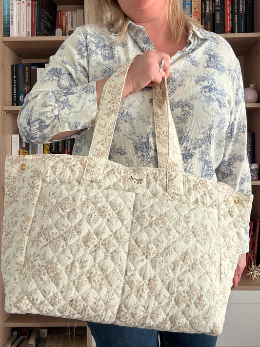 Sac week-end polochon écru en coton – Design imprimé floral taupe