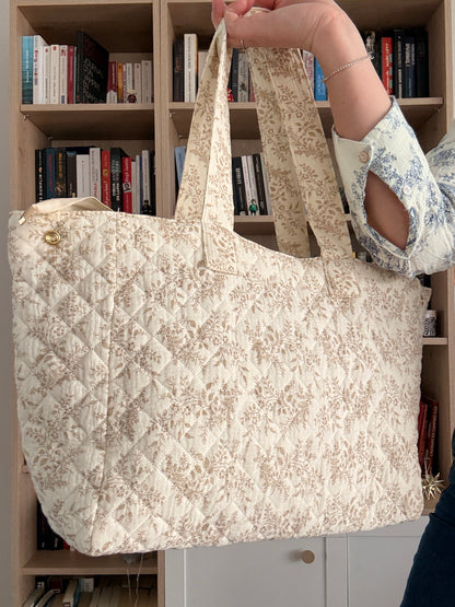 Sac week-end polochon écru en coton – Design imprimé floral taupe