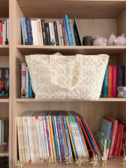 Sac week-end polochon écru en coton – Design imprimé floral taupe