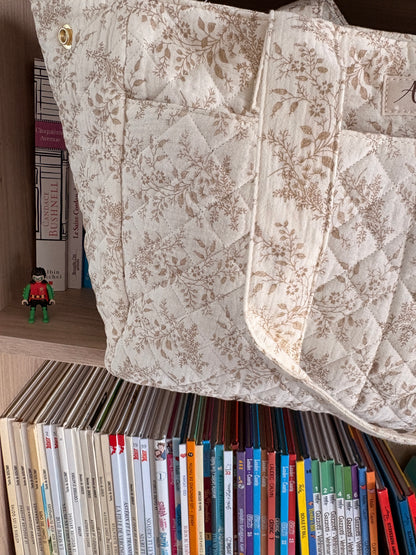 Sac week-end polochon écru en coton – Design imprimé floral taupe