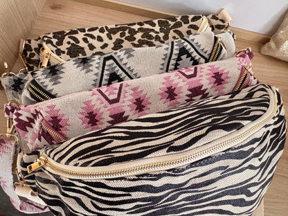 Sac banane XL en tissu blanc à motifs bohèmes couleur Gris et noir