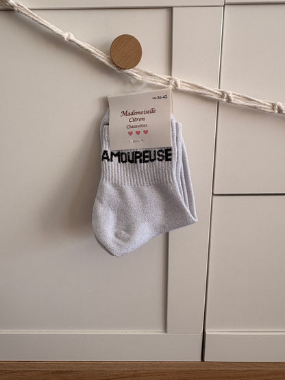 Chaussettes hautes pailletées Amoureuse blanc romantiques