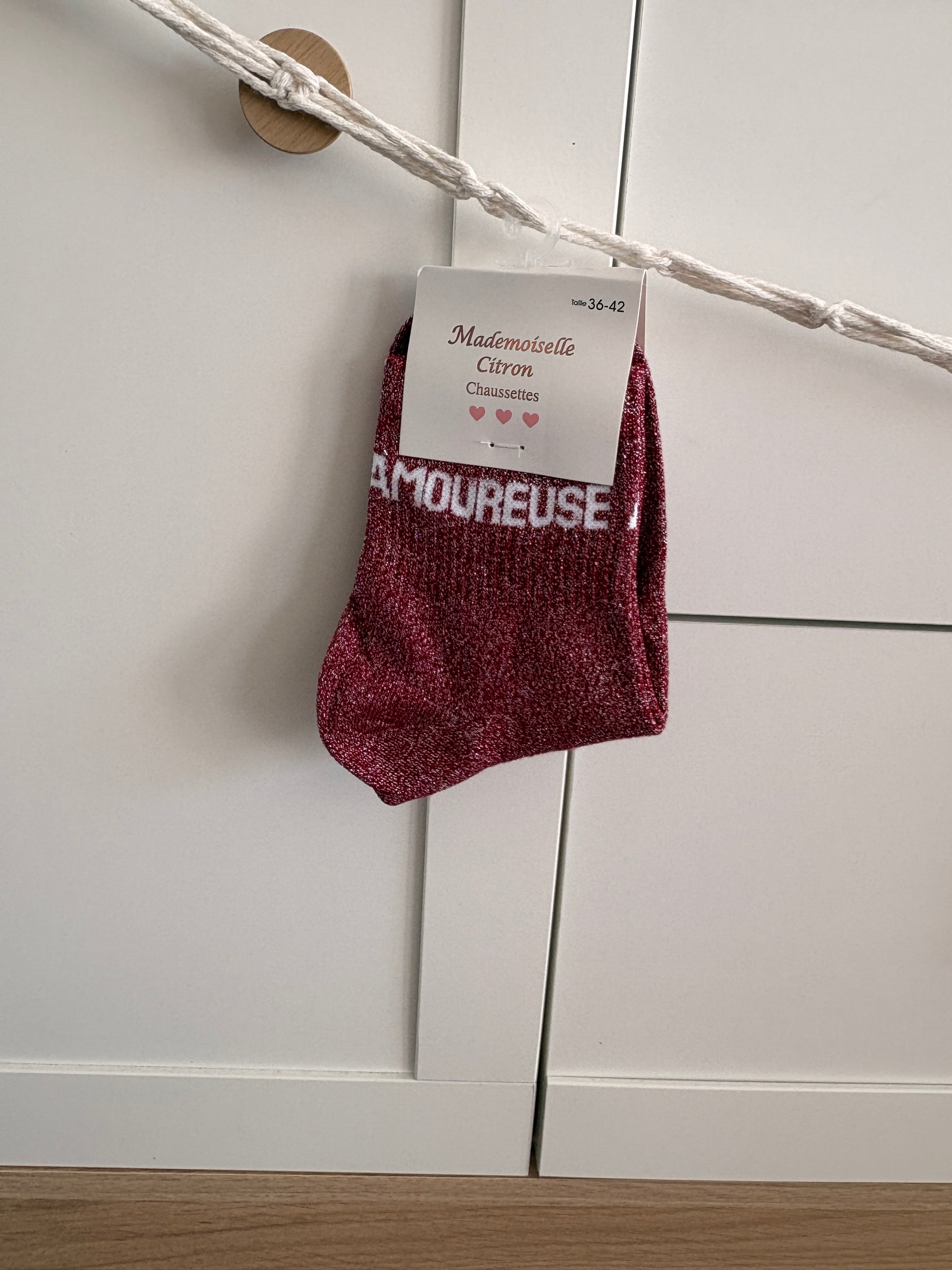 Chaussettes hautes pailletées Amoureuse bordeaux pour femme