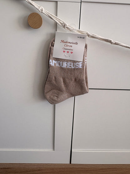 Chaussettes hautes pailletées Amoureuse beige taupe élégantes