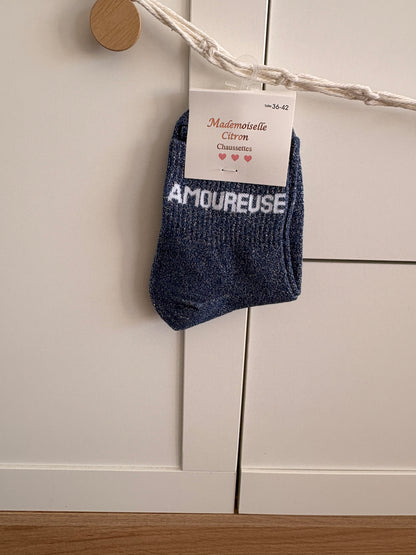 Chaussettes hautes pailletées Amoureuse bleu marine scintillantes