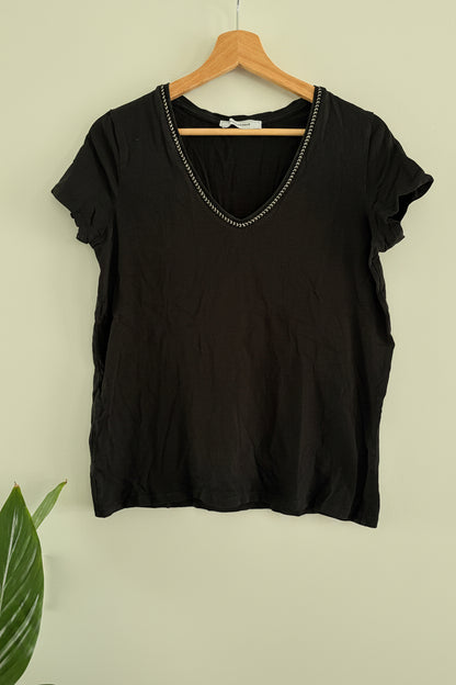T-shirt Noir Col V – Liseré Tressé Bicolore Promod taille M