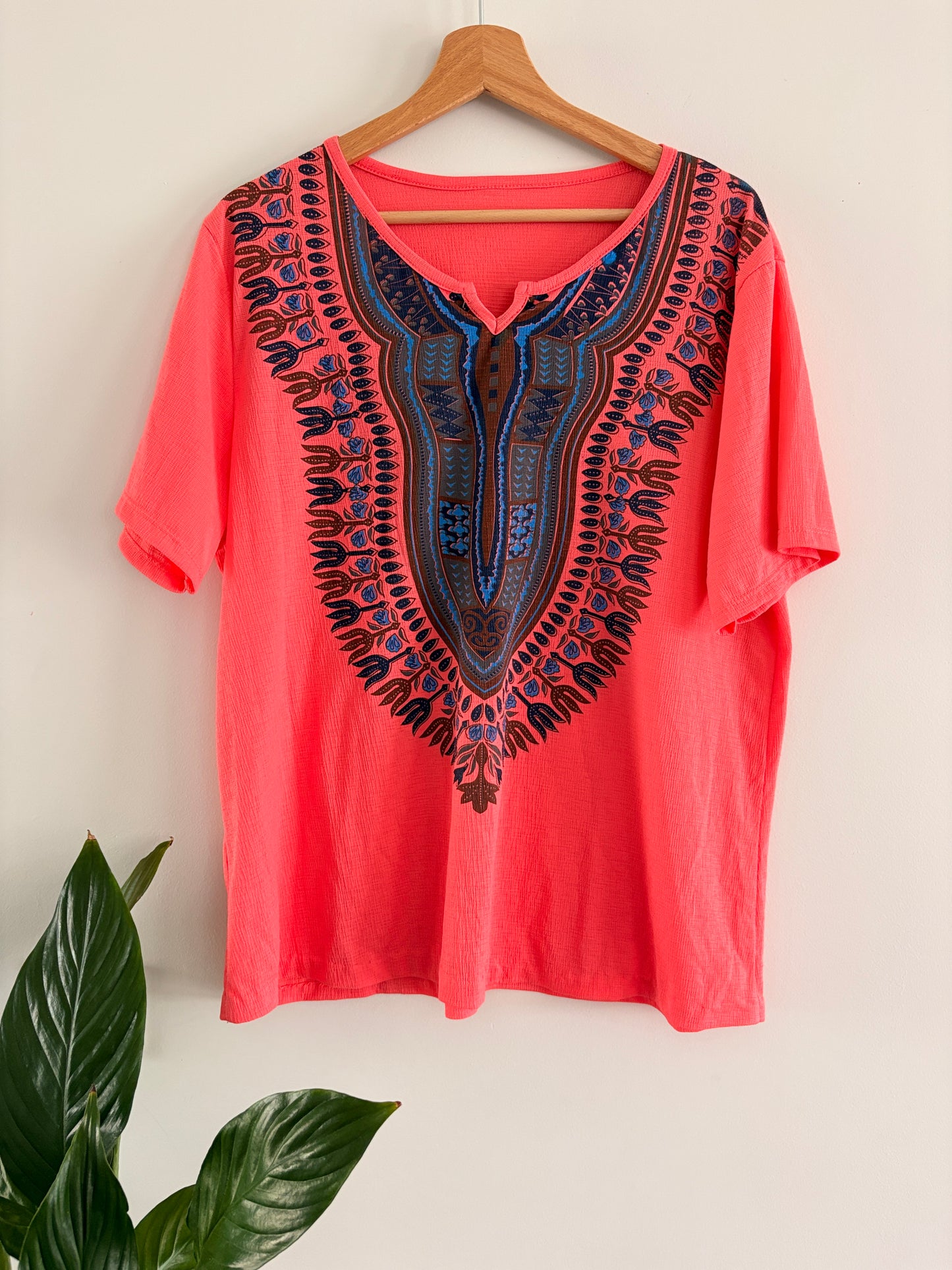 Top Dashiki Corail – Imprimé Ethnique Bleu & Brun Style Boho taille L