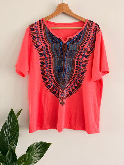 Top Dashiki Corail – Imprimé Ethnique Bleu & Brun Style Boho taille L