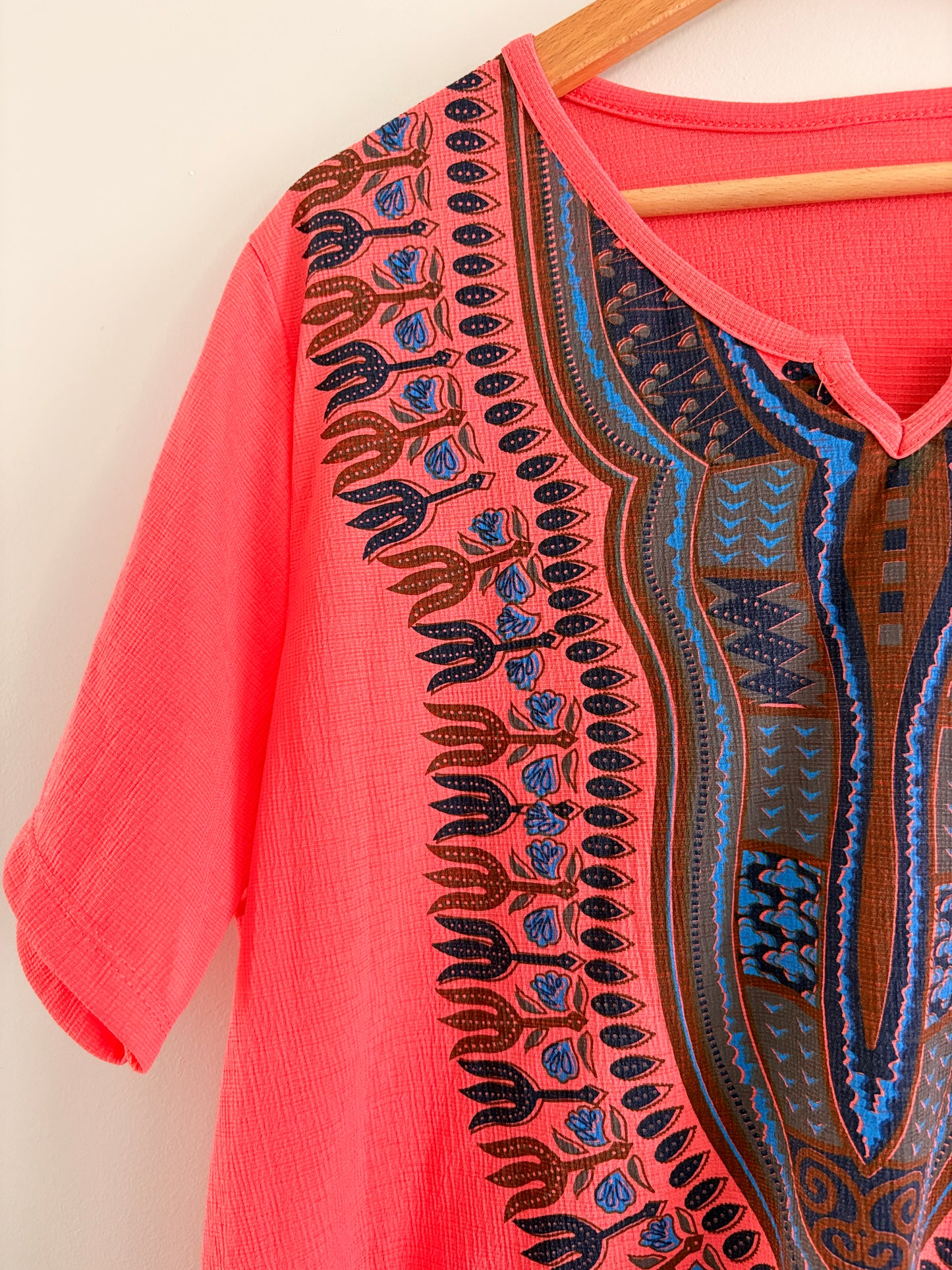Top Dashiki Corail – Imprimé Ethnique Bleu & Brun Style Boho taille L