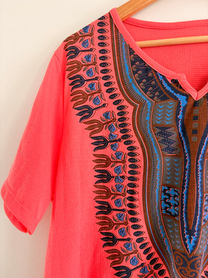 Top Dashiki Corail – Imprimé Ethnique Bleu & Brun Style Boho taille L