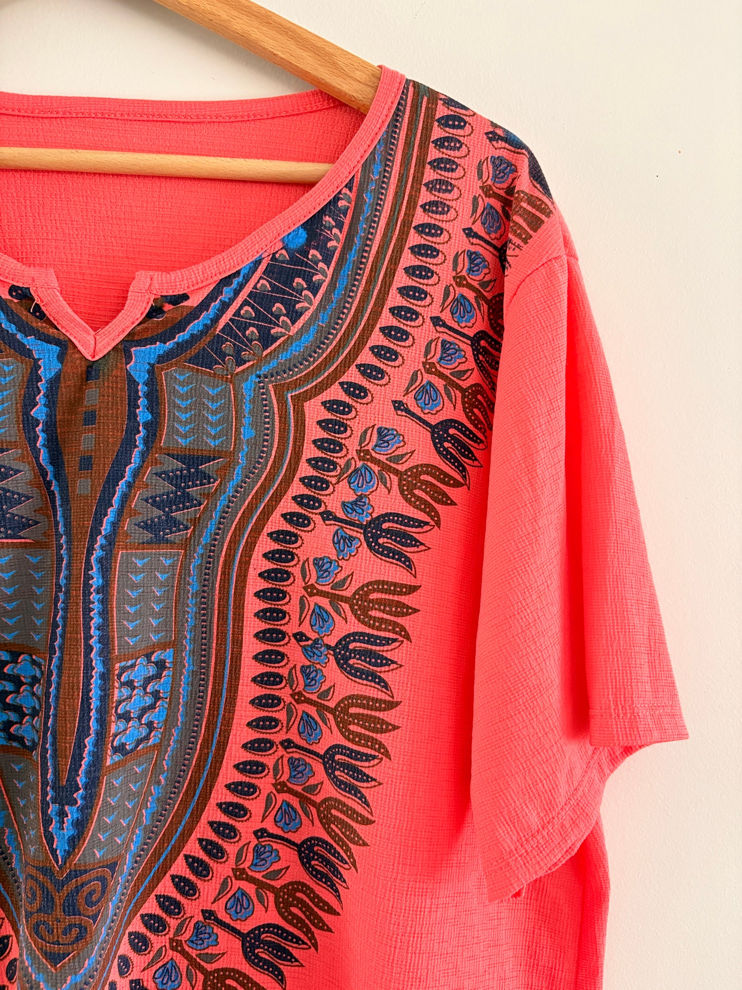 Top Dashiki Corail – Imprimé Ethnique Bleu & Brun Style Boho taille L