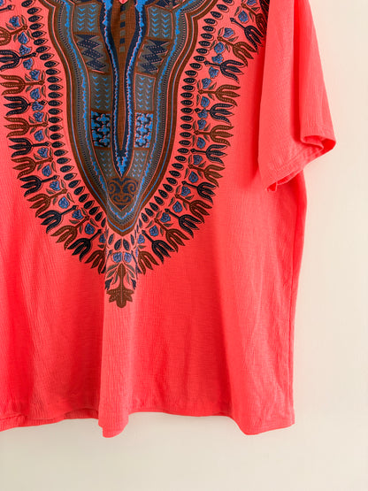 Top Dashiki Corail – Imprimé Ethnique Bleu & Brun Style Boho taille L