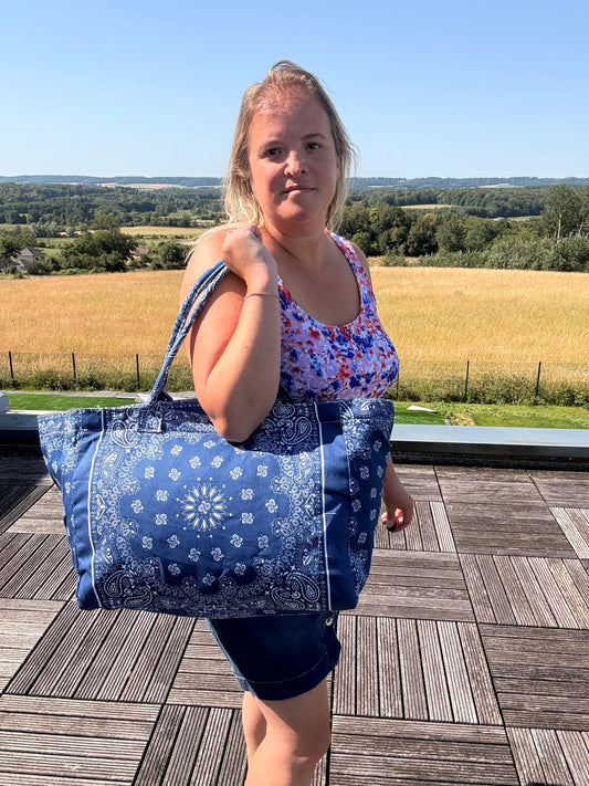 Sac Cabas Coton Paisley Bleu – Grand Format Zippé Plage & Quotidien