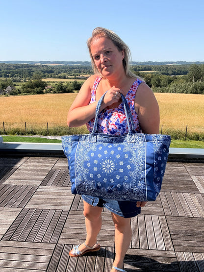 Sac Cabas Coton Paisley Bleu – Grand Format Zippé Plage & Quotidien