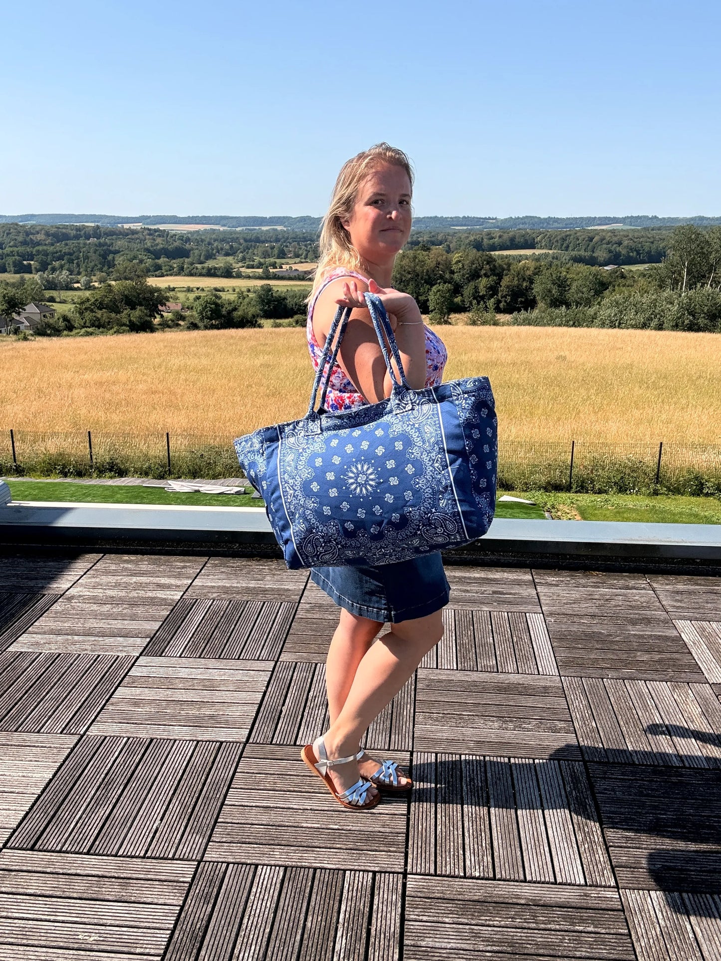 Sac Cabas Coton Paisley Bleu – Grand Format Zippé Plage & Quotidien