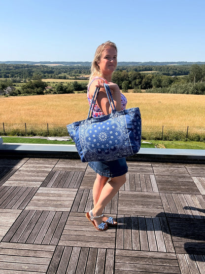 Sac Cabas Coton Paisley Bleu – Grand Format Zippé Plage & Quotidien