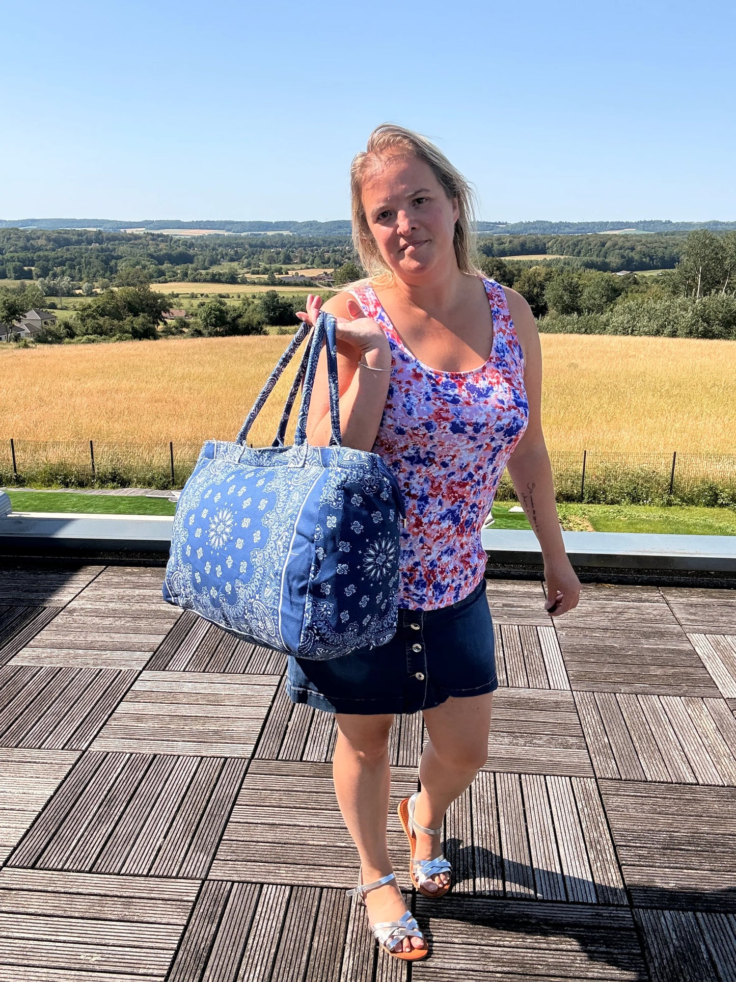 Sac Cabas Coton Paisley Bleu – Grand Format Zippé Plage & Quotidien