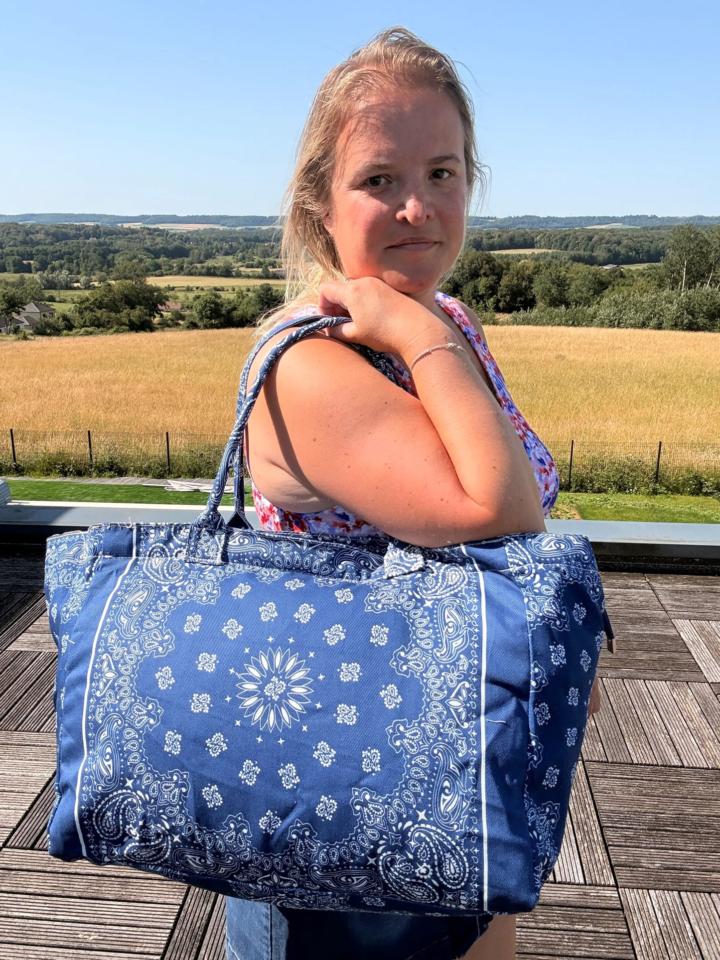 Sac Cabas Coton Paisley Bleu – Grand Format Zippé Plage & Quotidien