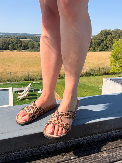 Sandales Femme 2 Brides Léopard Beige – Semelle Cuir Style Birkenstock
