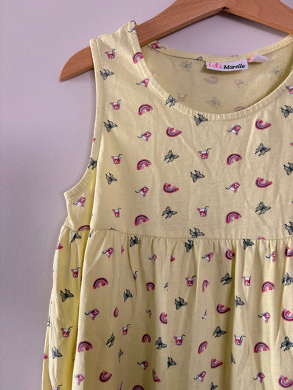 Robe Enfant Sans Manches Jaune Citron – Imprimé Papillons & Arcs-en-ciel taille 8 ans