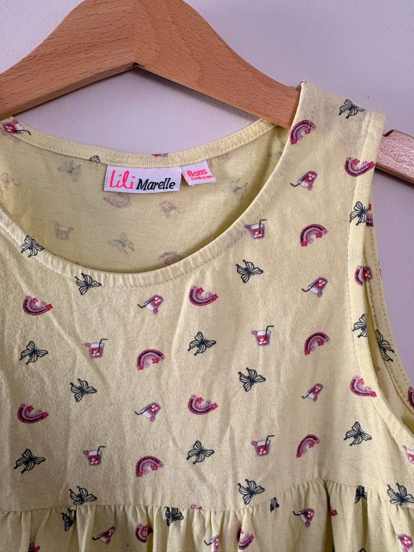 Robe Enfant Sans Manches Jaune Citron – Imprimé Papillons & Arcs-en-ciel taille 8 ans