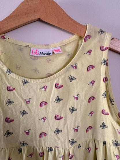 Robe Enfant Sans Manches Jaune Citron – Imprimé Papillons & Arcs-en-ciel taille 8 ans