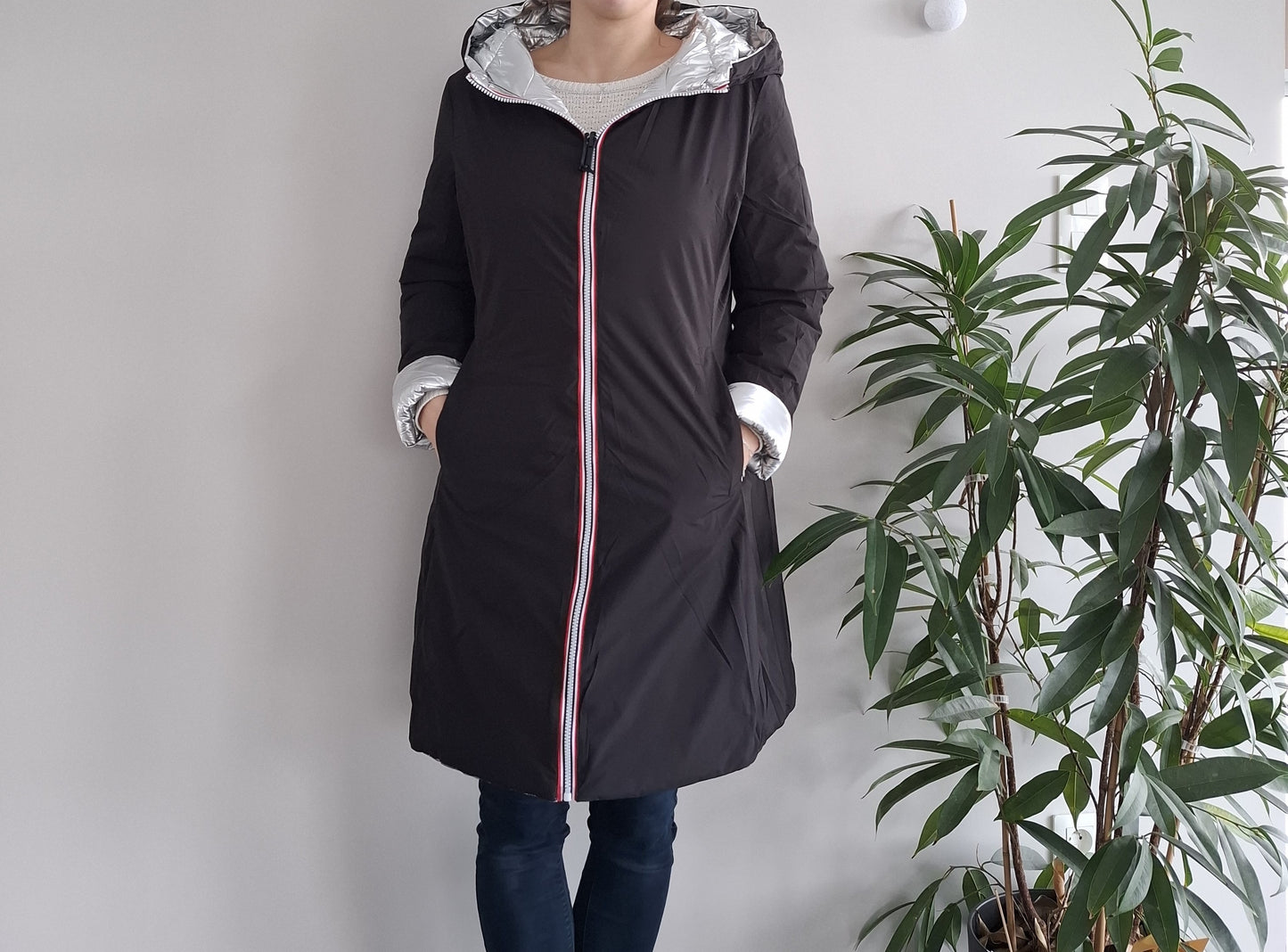 Doudoune manteau imperméable long noir réversible matelassé argenté