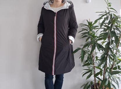 Doudoune manteau imperméable long noir réversible matelassé argenté