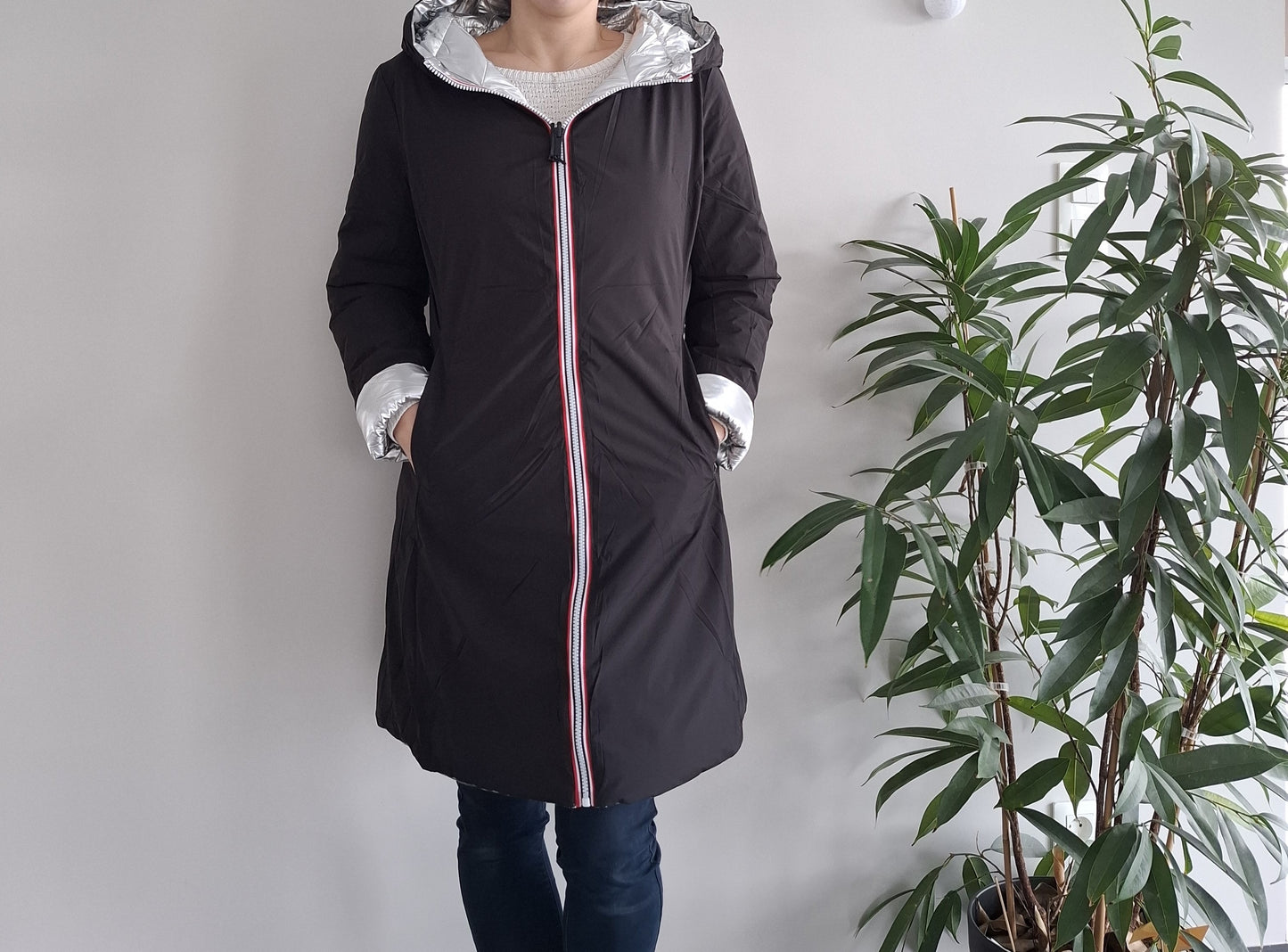 Doudoune manteau imperméable long noir réversible matelassé argenté