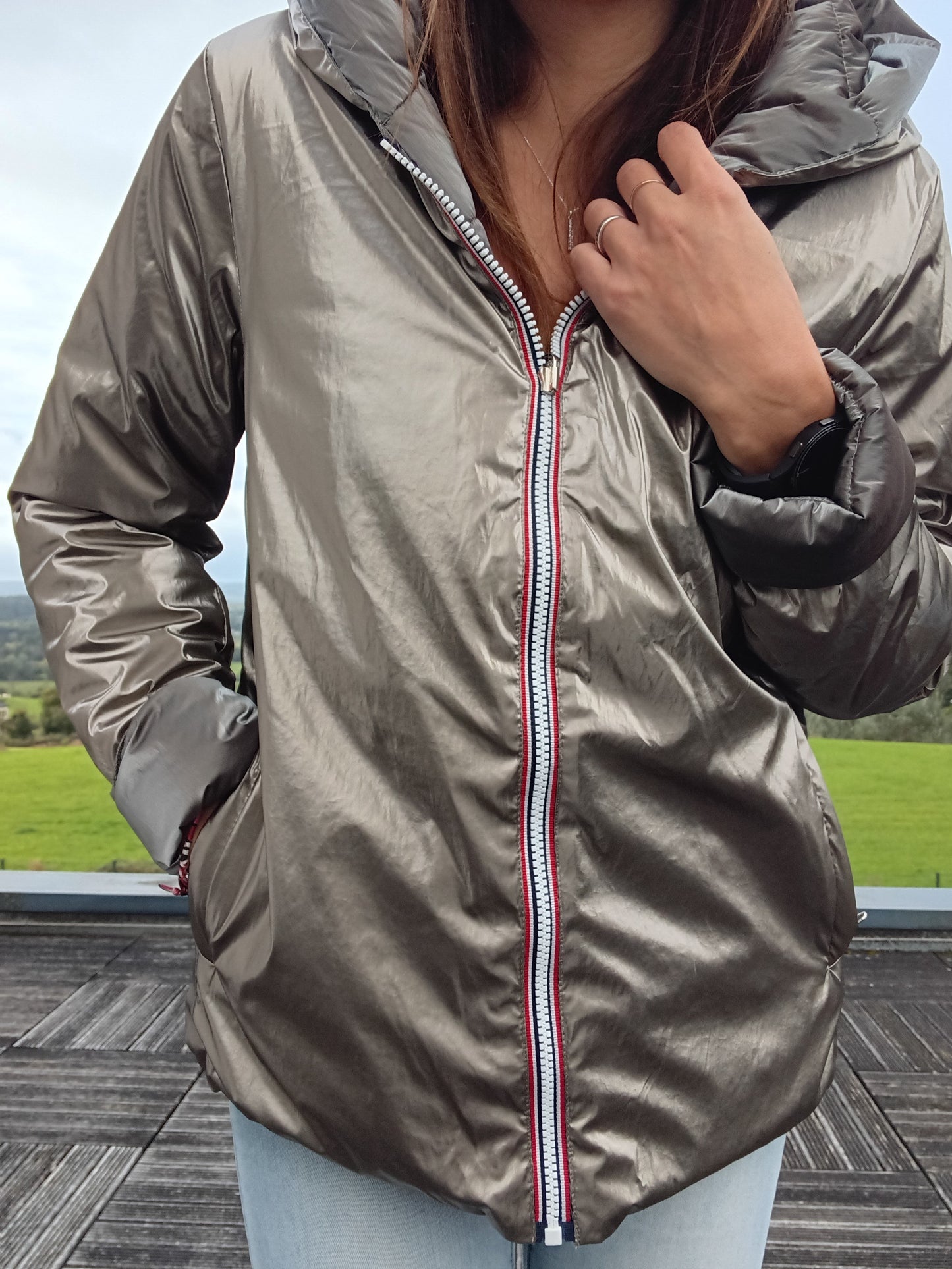 Imperméable réversible matelassé bronze/argent