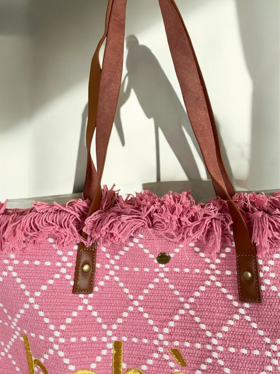 Grand sac fourre-tout rose pâle avec écriture dorée « Bohème »