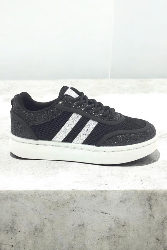 Baskets femme style campus effet pailleté avec deux bandes blanches couleur Noir