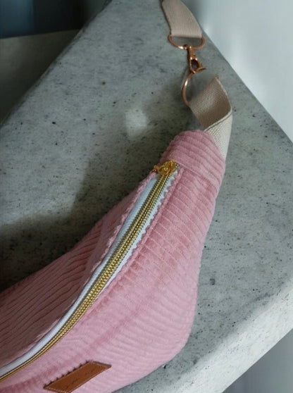 Sac banane tout velours rose pâle fait main