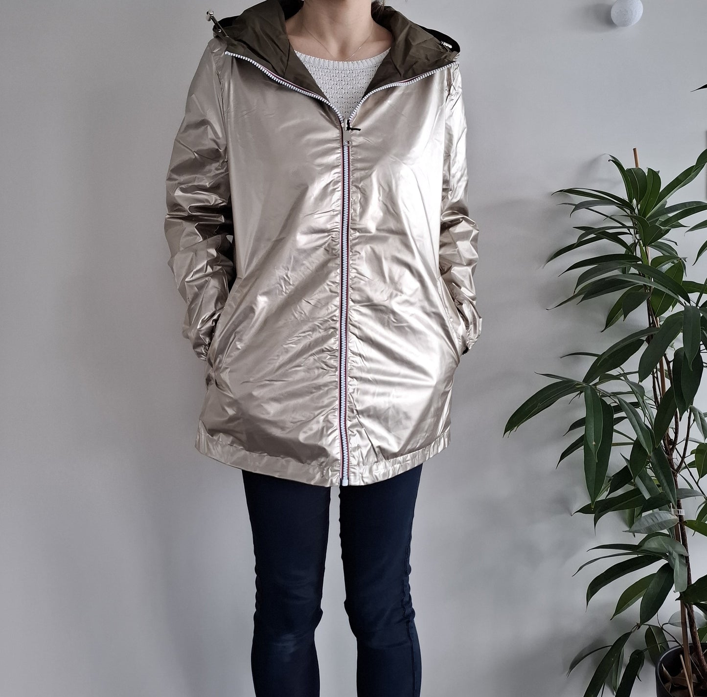 Manteau imperméable réversible mi-long léger Kaki/doré