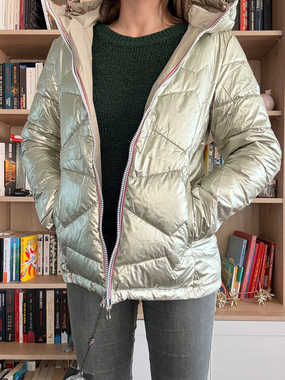 Laura Jo - Manteau doudoune courte matelassé réversible imperméable avec capuche couleur Beige et doré