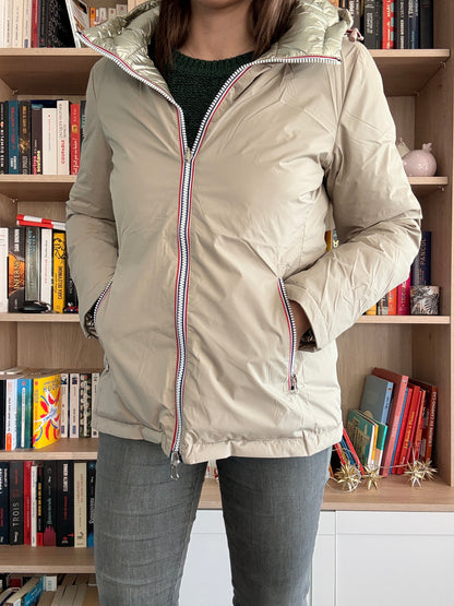 Laura Jo - Manteau doudoune courte matelassé réversible imperméable avec capuche couleur Beige et doré