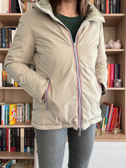 Laura Jo - Manteau doudoune courte matelassé réversible imperméable avec capuche couleur Beige et doré