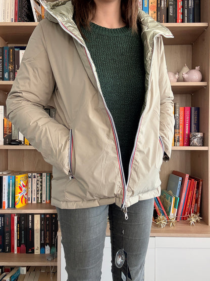 Laura Jo - Manteau doudoune courte matelassé réversible imperméable avec capuche couleur Beige et doré