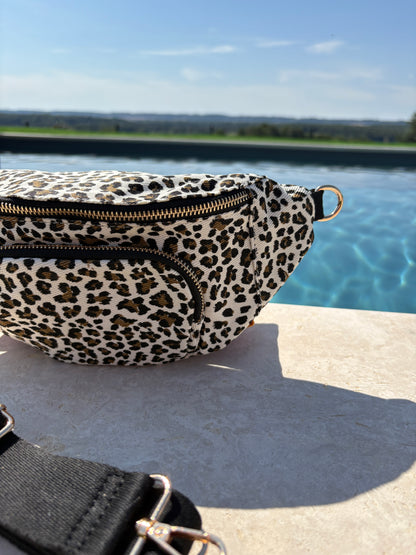 Sac banane en tissu imprimé léopard blanc 2 poches