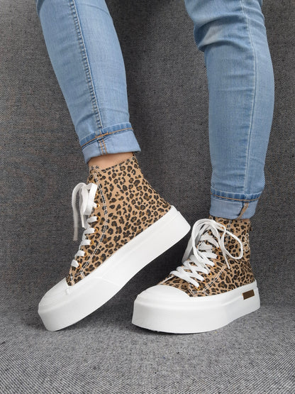 Chaussures baskets hautes en tissu toile leopard marron beige semelles compensées