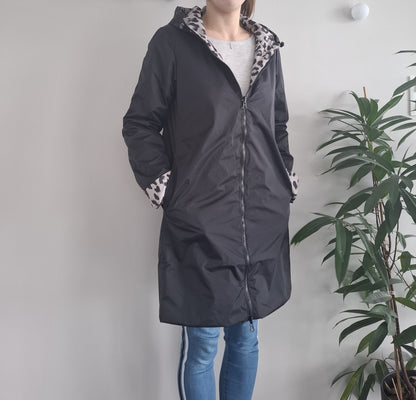 Laura Jo - Imperméable noir réversible léopard long mi-saison garnissage ouate