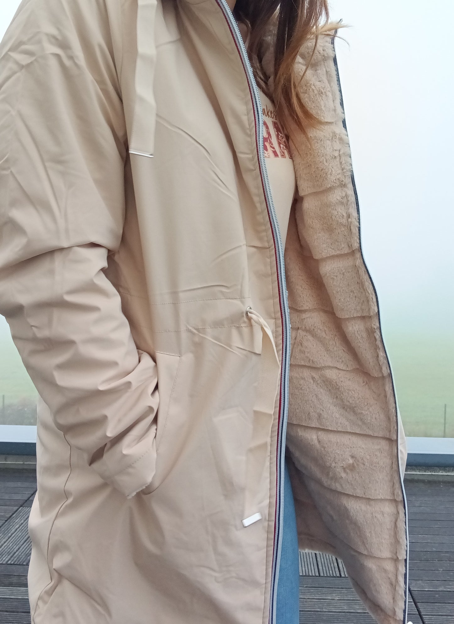 New Lolo - Manteau long BEIGE réversible, imperméable et complètement fourré resserrable à la taille