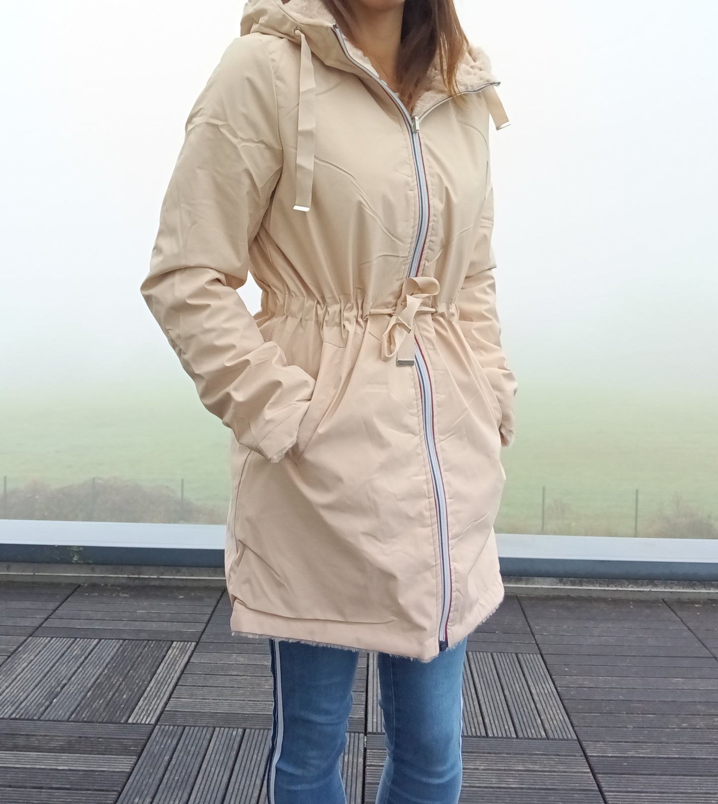 New Lolo - Manteau long BEIGE réversible, imperméable et complètement fourré resserrable à la taille